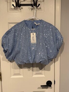 Light Blue Sequin Puff Sleeve Cropped Top by Endless Rose